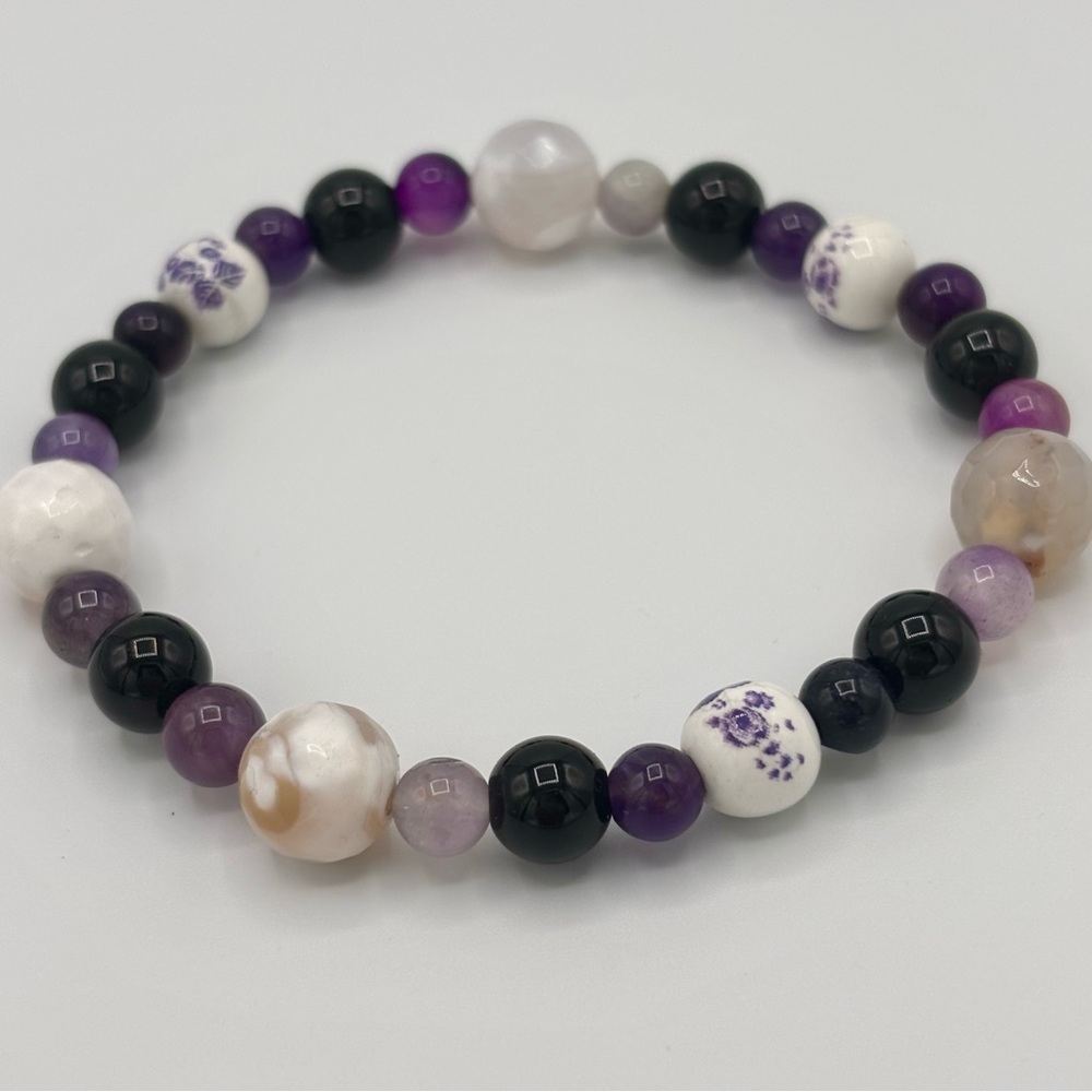Purple and White Beaded Bracelet